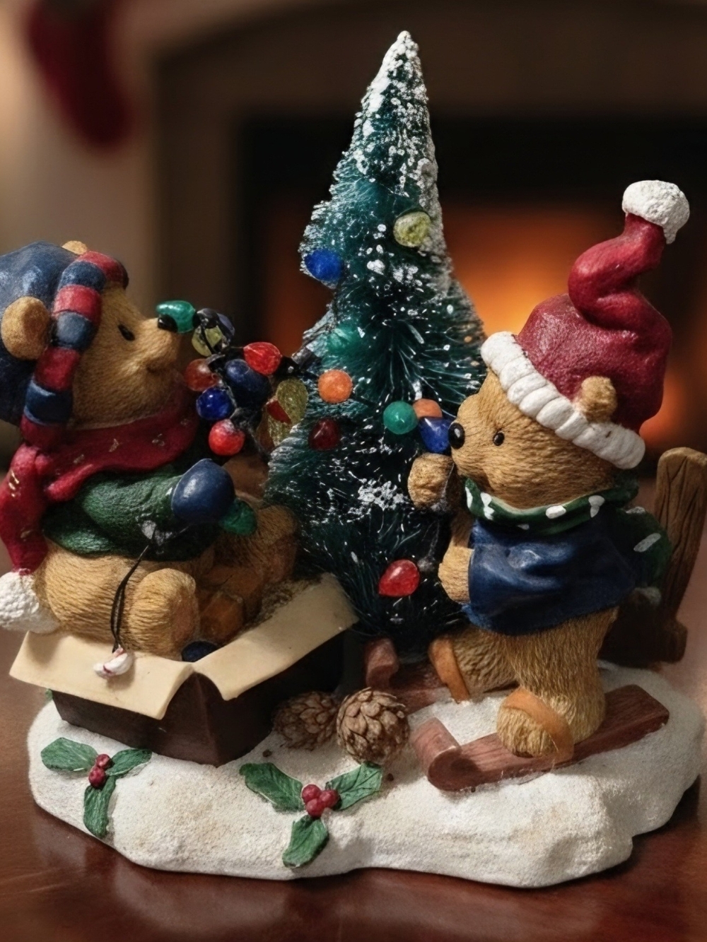 Enesco Holiday Bear Pair with Colorful Lights and Green Tree